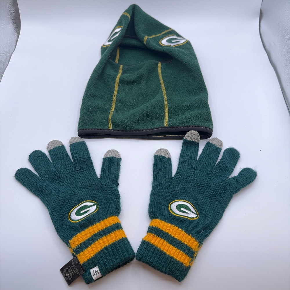 Green Bay Packers Balaclava and Gloves Set Mens One Size Winter Gear Y2K NFL